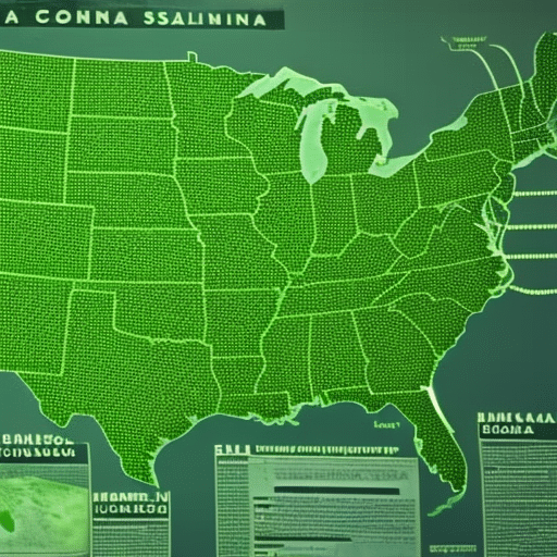  map of the United States, with different states highlighted in varying shades of green, symbolizing their likelihood of legalizing marijuana