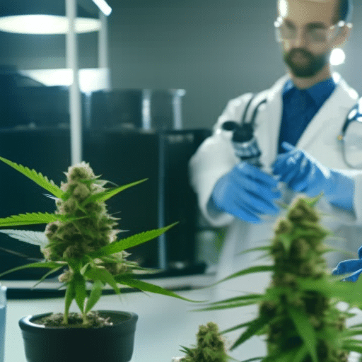 An image depicting a pristine laboratory setting with scientists examining cannabis plants and using sophisticated equipment to test purity and composition, symbolizing Delaware's strict quality control standards for medical cannabis