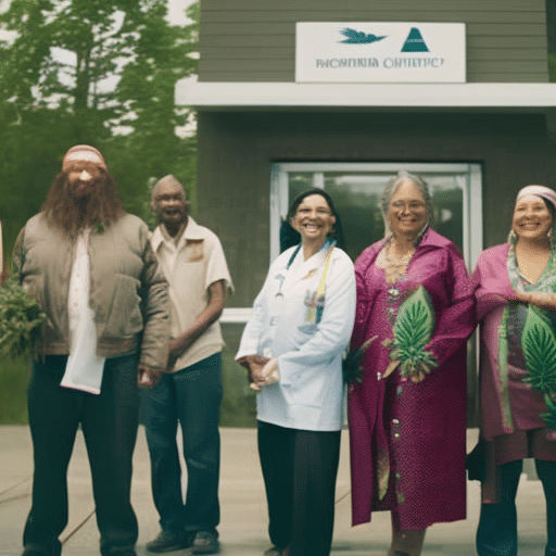An image of a diverse group of smiling patients, each holding a medical cannabis leaf, standing outside a welcoming Delaware clinic with an open door and a wheelchair ramp