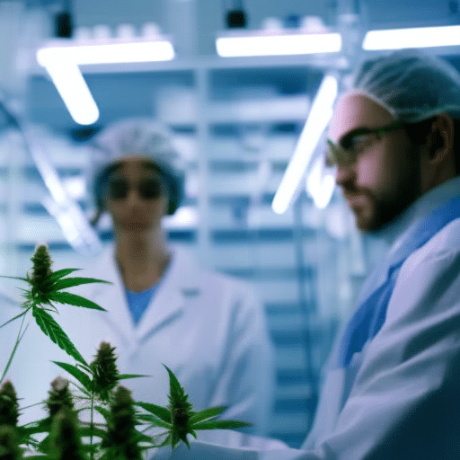 An image of a serene laboratory with scientists examining cannabis plants, with a backdrop of medical equipment and a DNA helix symbolizing medical research advancements in Delaware