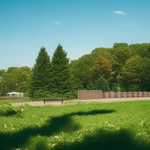 An image showing a peaceful Delaware community park with diverse people relaxing, a closed prison in the background, and a subtle cannabis leaf integrated into the greenery