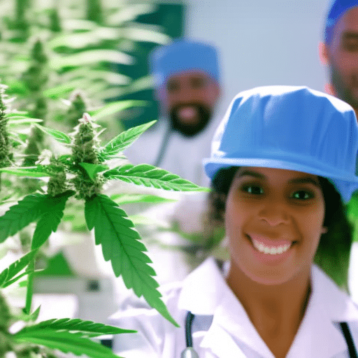 An image of diverse people in medical uniforms cultivating a vibrant cannabis greenhouse, with a background of the Delaware state outline, symbolizing job growth in the medical cannabis industry