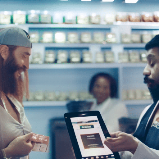 thriving cannabis retail shop in Delaware illustrating diverse product variety happy customers an owner examining growth charts on tablet