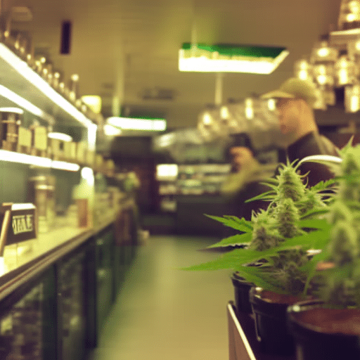  thriving cannabis dispensary in Delaware with bustling customers, and a background of flourishing local businesses, symbolizing economic growth post-legalization