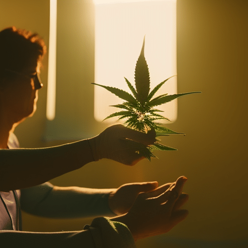 An image of a serene hospital room with a cannabis plant, a caregiver holding a patient's hand, and a sunset visible through the window, symbolizing peace in terminal illness care