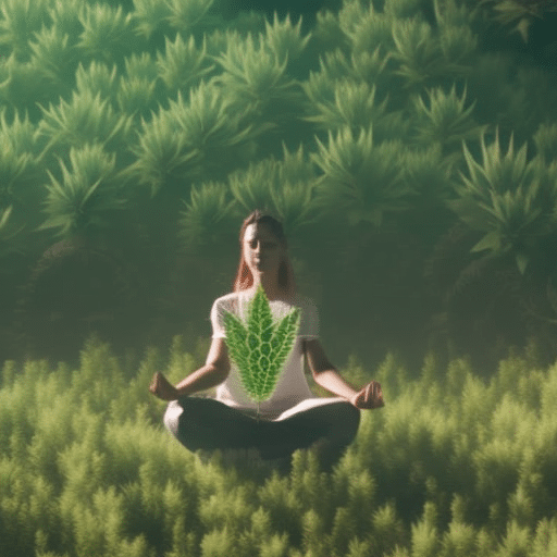 An image featuring a serene person meditating with a faint cannabis leaf pattern overlay, surrounded by soothing neurological brain waves and calming, nature-inspired elements
