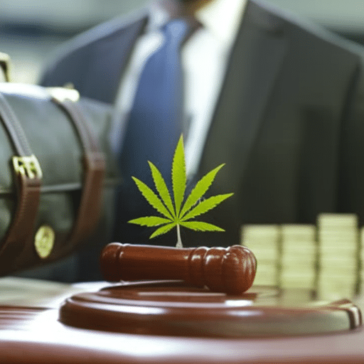  flourishing cannabis plant with Delaware state outline in background, a half-opened business briefcase overflowing with cash, and a gavel indicating policy change