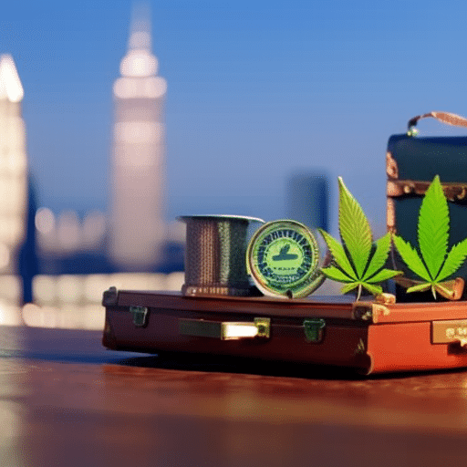  balanced scale with a cannabis leaf on one side, a business briefcase on the other, against a backdrop of Delaware's state map and iconic landmarks