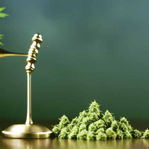  graph made of cannabis leaves growing upwards, with Delaware's map as the background, and a gavel poised at the peak, symbolizing impending legalization
