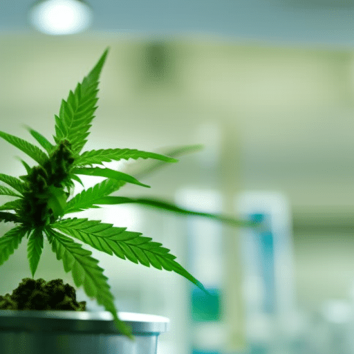 Ize a flourishing cannabis plant in a medical lab setting, with Delaware's state outline subtly integrated, moving towards an open door symbolizing full legalization