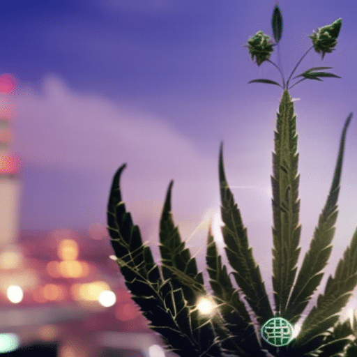 Visualize a flourishing cannabis plant against a backdrop of Delaware's iconic landmarks intertwined with symbols of healthcare and futuristic elements suggesting growth and innovation