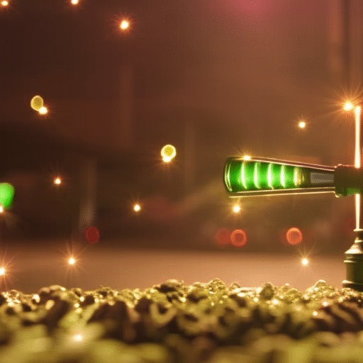  cannabis leaf breaking through a barrier made of gavels, with a green traffic light glowing in the background