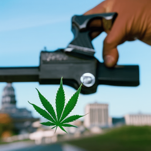 Ize a balance scale with a cannabis leaf on one side, a handgun on the other, set against a backdrop of Delaware's state landmarks, conveying long-term consequences