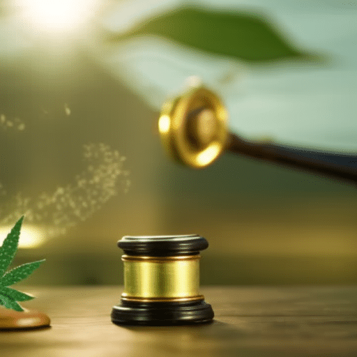 Ize a Delaware state outline, a gavel, a cannabis leaf and a gun, all in a balance scale, symbolizing the groundbreaking decision about the 'Guns and Weed' legislation