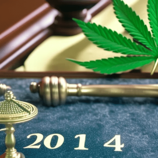  symbolic 2024 calendar, a cannabis leaf, and Delaware state map, with a gavel and scales of justice foregrounded, all emphasizing the theme of regulation and change