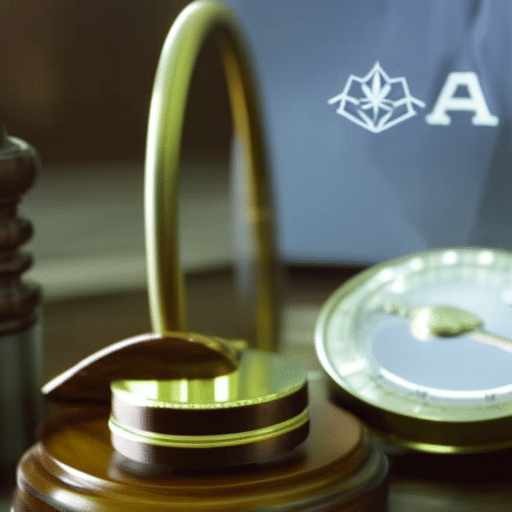  close-up of a cannabis leaf with Delaware state outline superimposed, surrounded by legal scales, a gavel and a magnifying glass, all conveying a sense of scrutiny and regulation