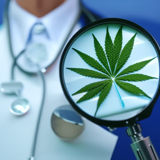  lit medical marijuana leaf, a Delaware state map, and a clipboard with a magnifying glass highlighting a filled-out application, all against a calming blue background