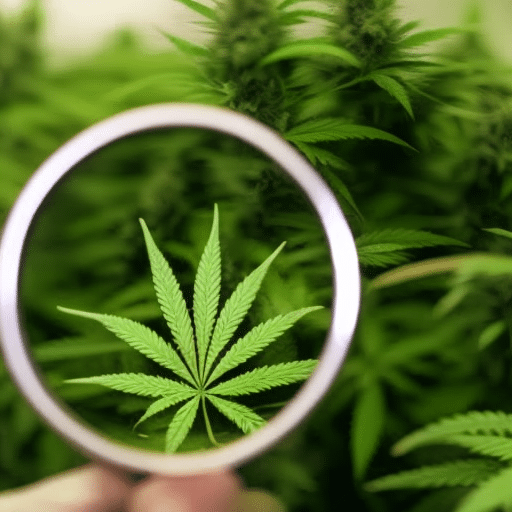  realistic human hand holding a magnifying glass over a lush cannabis plant, with a backdrop of Delaware state outline subtly visible