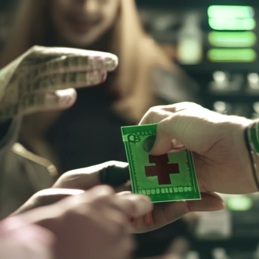 Hand exchanging money for cannabis at a legal dispensary, with a green checkmark, juxtaposed with a hand buying from a shady dealer, marked with a red cross