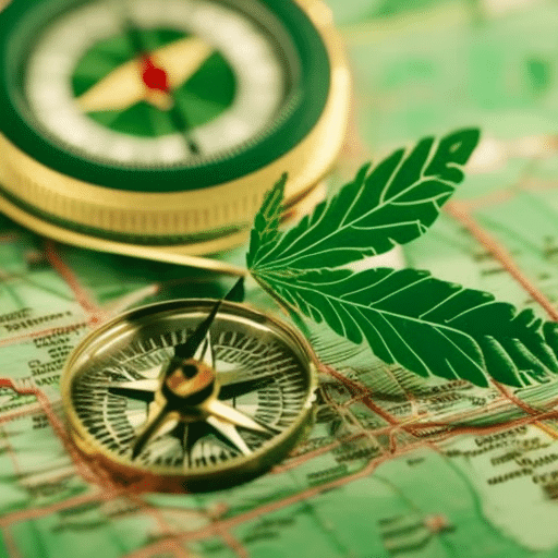 hand-held cannabis leaf against a map of Delaware