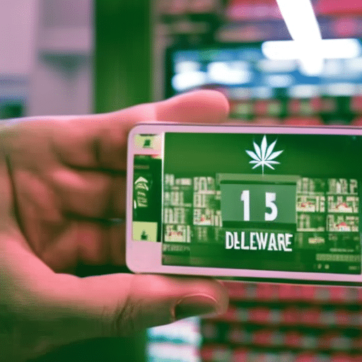 Hand holding a GPS marking cannabis stores in Delaware, with cash and credit cards in the background, indicating purchasing options