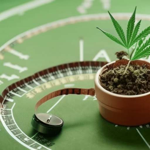 Healthy cannabis plant growing in a terracotta pot, placed on Delaware's map, surrounded by measuring tapes, magnifying glass and a green check-mark