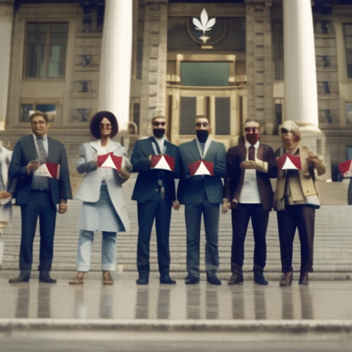 An image of a diverse group of individuals holding medical cards with cannabis leaf symbols, standing next to a symbolic Senate building and a large, bold checkmark