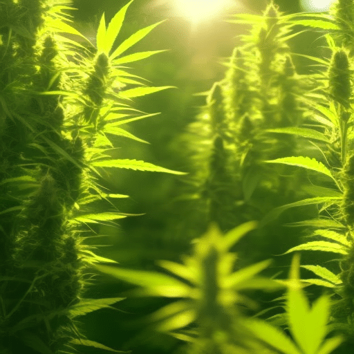 An image featuring a serene person surrounded by cannabis plants and gentle light beams, symbolizing relief, with a backdrop of intertwined natural elements and pain-relief symbols like willow leaves