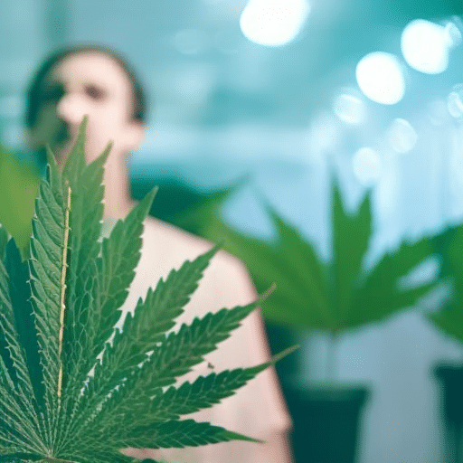 An image of a person in a serene pose, surrounded by gentle cannabis leaves, with a subtle background of medical symbols, emphasizing a calm and safe therapeutic environment